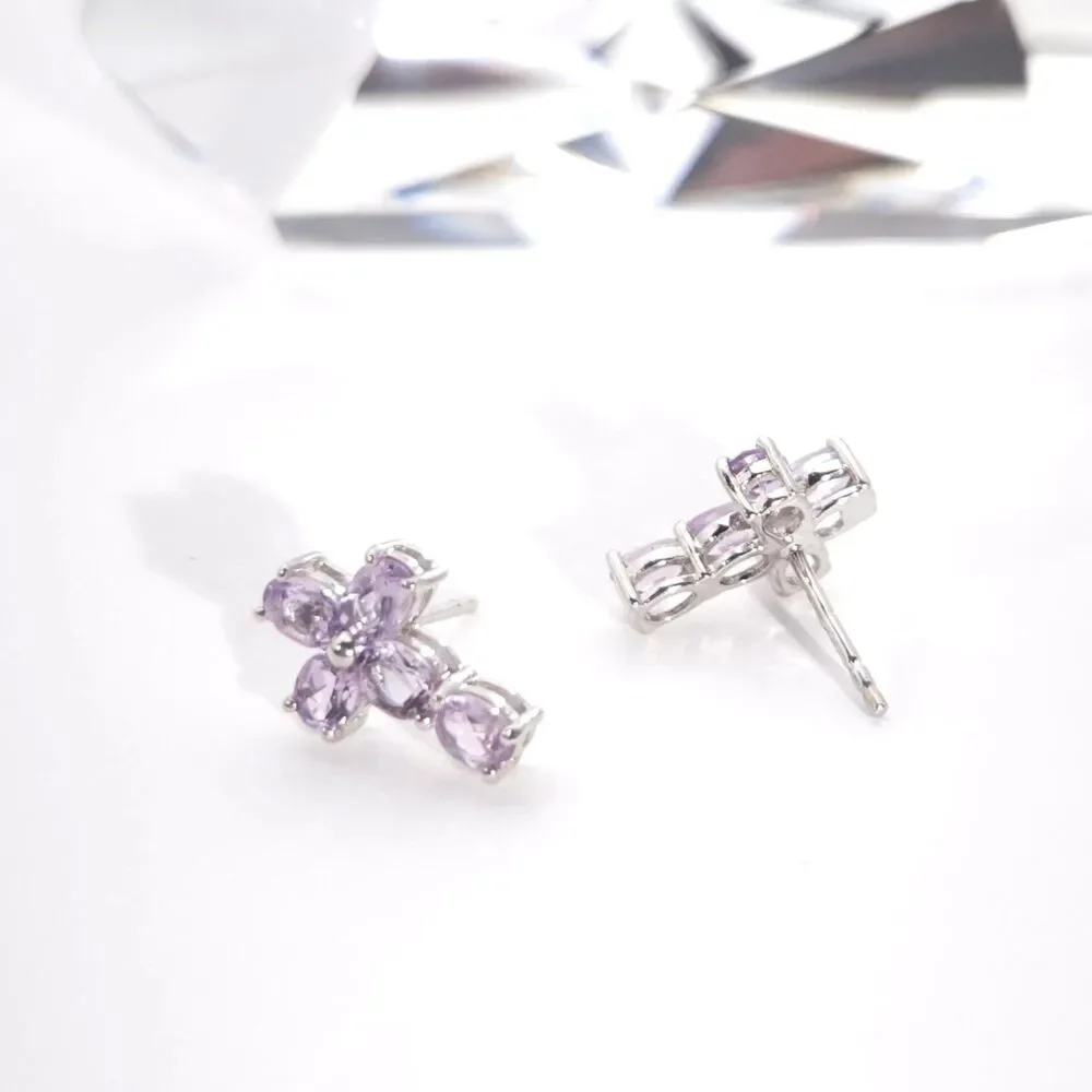 Amethyst Rose de France Cross Post Earrings